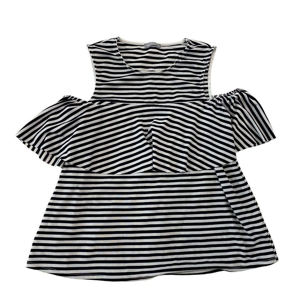Zara Collection Black White Striped Cold Shoulder Ruffle Flounce Top Large Large